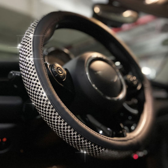 Picture of PINCTROT Large Size Bling Comfy Steering Wheel Cover with Jumbo Crystal Rhinestones, Anti-Slip Diamond Leather, 15.5-15.75 Inch (Black)