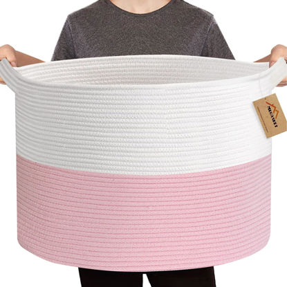 Picture of MEGASKET Pink Storage Baskets for Organizing, 22"X22"X14" XXXL Blanket Basket Living Room, Large Toy Basket, Soft Pink Cotton Rope Woven Baskets for Storage, Decorative Gifts Basket Bins for Nursery