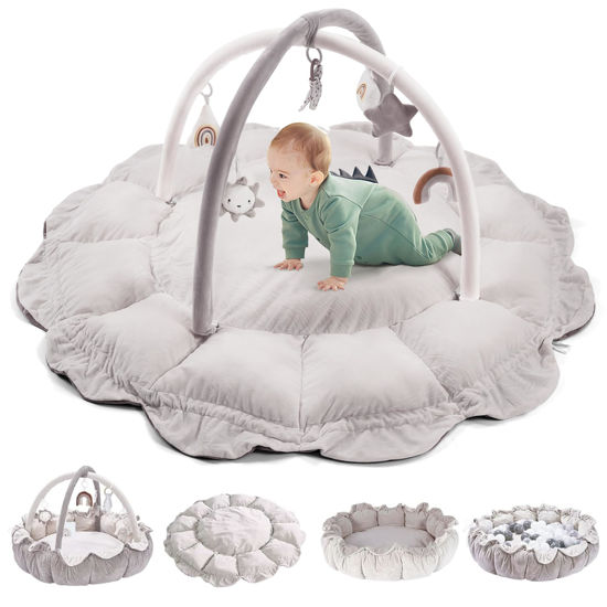 Picture of 5-in-1 Convertible Baby Play Gym with 6 Toys, Tummy Time Mat for Sensory Development, Baby Activity Center from Newborn to Toddler, Ball Pit, Cat & Dog Bed, Soft Plush Pet Bed, No Ball Included