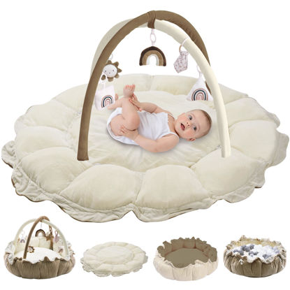 Picture of 5-in-1 Convertible Baby Play Gym with 6 Toys, Tummy Time Mat for Sensory Development, Baby Activity Center from Newborn to Toddler, Ball Pit, Cat & Dog Bed, Soft Plush Pet Bed, No Ball Included Brown