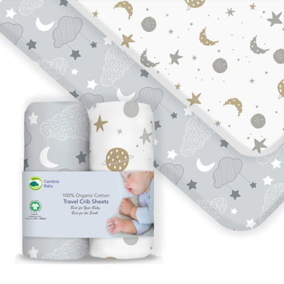 Picture of 100% Organic Cotton Fitted Travel Crib/Playard Sheets for Guava Lotus, BabyBjorn, Dream on Me, Baby Joy and Other 24" x 42" Pads. Safety Strap Holes in Each Corner. 2 Pk (Space and Night Sky)