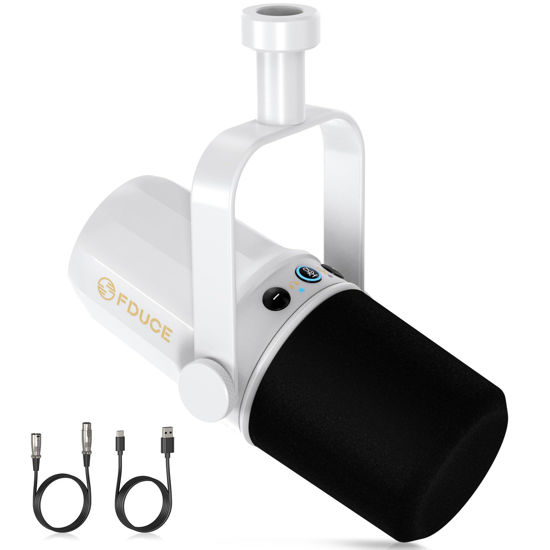 Picture of FDUCE SL40 Dynamic Microphone for Podcasting, Gaming, Live Streaming & Recording, Built-in Headphone Output, LED Mute Button, All Metal USB/XLR, Voice-Isolating Technology（White）