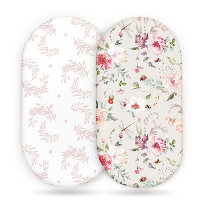 Picture of Stretch Ultra Soft Fitted Bassinet Sheet Set 2 Pack, Universal Fit for Bassinets Baby Cradle Moses Basket Oval Rectangle Mattress Safe and Snug, Beautiful Flowers and Insects Pattern for Baby Girls