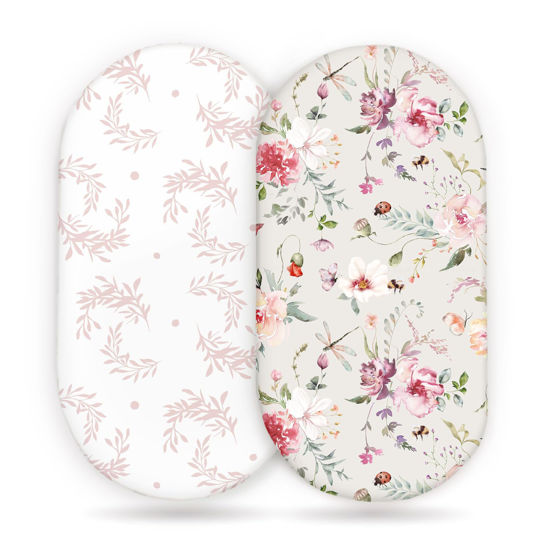 Picture of Stretch Ultra Soft Fitted Bassinet Sheet Set 2 Pack, Universal Fit for Bassinets Baby Cradle Moses Basket Oval Rectangle Mattress Safe and Snug, Beautiful Flowers and Insects Pattern for Baby Girls