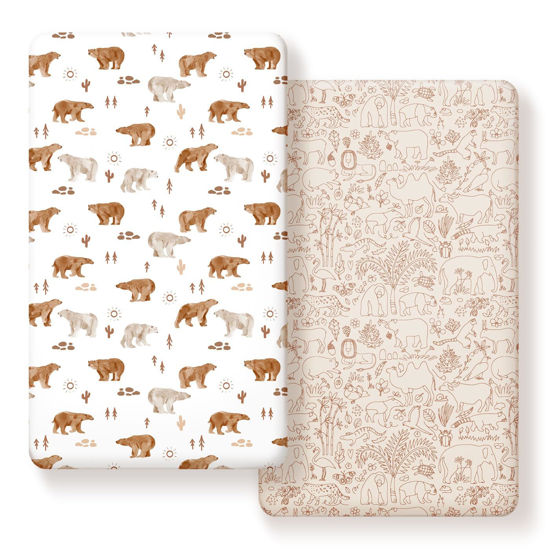 Picture of Stretchy Ultra Soft Jersey Knit Fitted Crib Sheets Set 2 Pack，Universal Fit All Standard Crib Mattress Pads Safe and Snug, Crib Fitted Sheet for Boys and Girls, Cute Animals Print