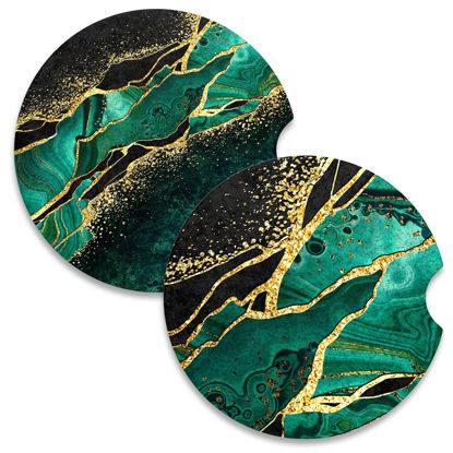 Picture of Nipichsha Car Coasters for Cup Holders, 2 Pack Absorbent Ceramic Car Cup Holder Coaster for Drinks, Cute Car Assecories for Women Men, Universal Size 2.56" with Finger Notch & Cork Base, Green Marble