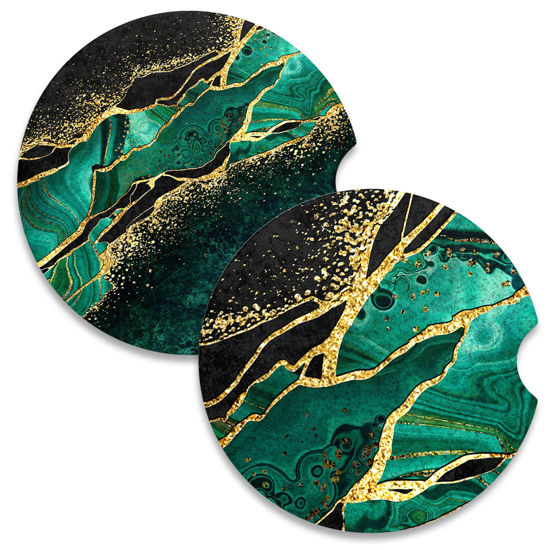 Picture of Nipichsha Car Coasters for Cup Holders, 2 Pack Absorbent Ceramic Car Cup Holder Coaster for Drinks, Cute Car Assecories for Women Men, Universal Size 2.56" with Finger Notch & Cork Base, Green Marble