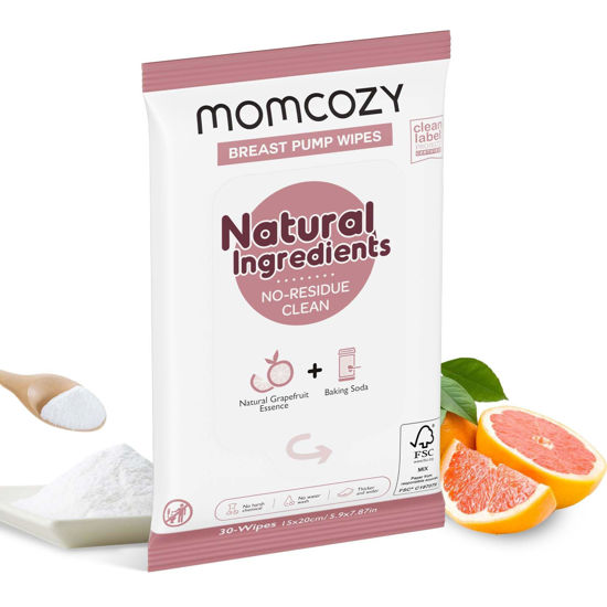 Picture of Momcozy Natural Breast Pump Wipes for Pump Parts Cleaning On-the-go, 30 Count, Flash Clean & Resealable Pump Wipes