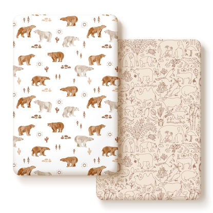 Picture of Stretchy Ultra Soft Jersey Knit Pack n Play Sheets Set 2 Pack, Portable/Mini Crib Sheets for Boys and Girls, Universal Fit for Pack N Plays Safe and Snug, Stylish Playard Sheets of Cute Animals Print
