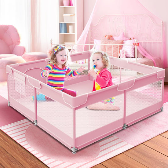 Picture of XVISHX Baby Playpen 50 x 50 Inch Play Pen Playards, Playpen for Babies and Toddlers, Baby Playard for Indoor & Outdoor Active Center Game Fence, with Skin-Friendly Fabric and Soft Breathable Mesh Pink