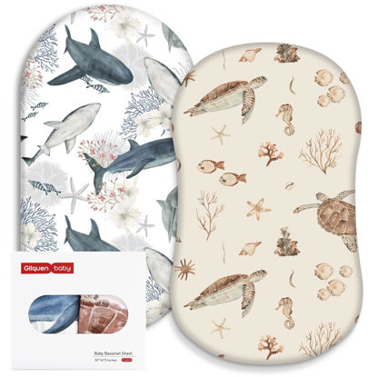 Picture of Gllquen Baby Bassinet Sheets 2 Pack, Breathable Cozy Fitted Mattress Sheet, Elastic Travel Crib Fashionable Floral Pattern, Standard Cradle Safe Sheets for Baby Boy Girls 33"X17" (Sea Turtle)