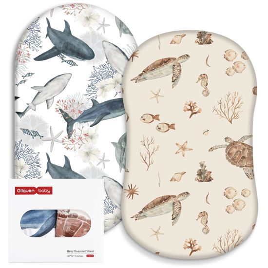 Picture of Gllquen Baby Bassinet Sheets 2 Pack, Breathable Cozy Fitted Mattress Sheet, Elastic Travel Crib Fashionable Floral Pattern, Standard Cradle Safe Sheets for Baby Boy Girls 33"X17" (Sea Turtle)