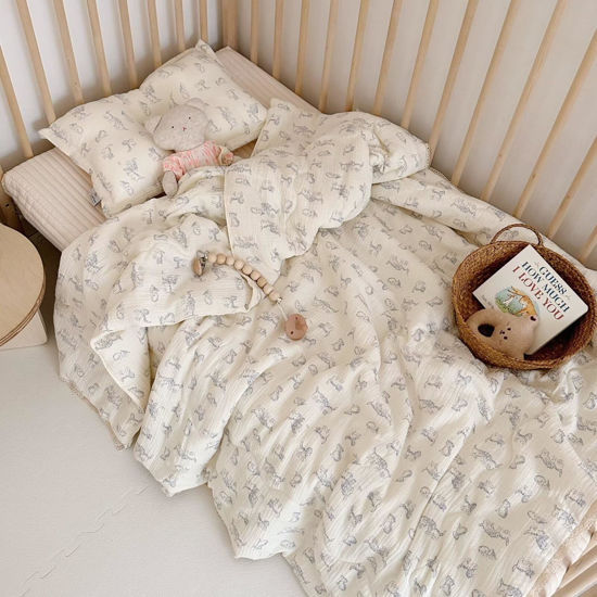 Picture of BuLuTu Baby Crib Quilt Cotton Muslin Toddler Blanket for Kids Boys Girls Soft Breathable Toddler Comforter Nursery Quilted Blankets with Lace Edges, 59x47 Inches, Kitty Patern, Machine Washable