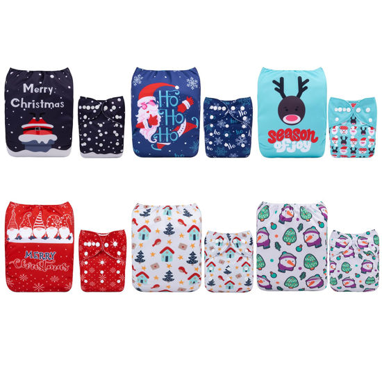 Picture of ALVABABY Christmas Cloth Diapers 6 Pack with 12 Inserts One Size Adjustable Washable Reusable for Baby Girls and Boys 6QM03