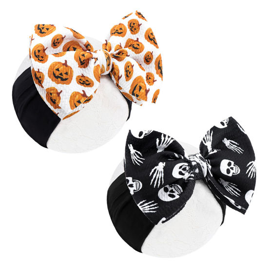 Picture of YanJie Halloween Hair Bows Baby Girls Headbands Pumpkin Accessories Black Ghost Printed Baby Bows Newborn Bows Nylon Hair Bows Toddler Headband