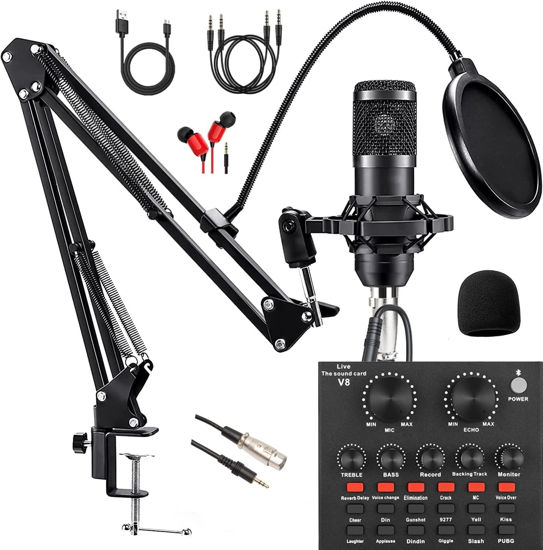 Picture of SKTEET Podcast Equipment Bundle, with BM800 Podcast Microphone and V8 Sound Card, Voice Changer - Audio Interface -Perfect for Recording, Singing, Streaming and Gaming (V8-Black)