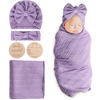 Picture of DRESHOW BQUBO Baby Swaddle Blankets for Girls, 4PCS Newborn Accessories Set with Matching Hat and Bow Headband with Hello World Wooden Birth Announcement Card, Baby Blankets for Girls (Purple)
