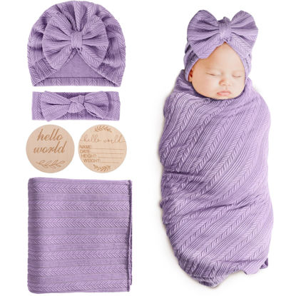 Picture of DRESHOW BQUBO Baby Swaddle Blankets for Girls, 4PCS Newborn Accessories Set with Matching Hat and Bow Headband with Hello World Wooden Birth Announcement Card, Baby Blankets for Girls (Purple)