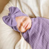 Picture of DRESHOW BQUBO Baby Swaddle Blankets for Girls, 4PCS Newborn Accessories Set with Matching Hat and Bow Headband with Hello World Wooden Birth Announcement Card, Baby Blankets for Girls (Purple)