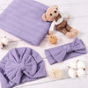 Picture of DRESHOW BQUBO Baby Swaddle Blankets for Girls, 4PCS Newborn Accessories Set with Matching Hat and Bow Headband with Hello World Wooden Birth Announcement Card, Baby Blankets for Girls (Purple)