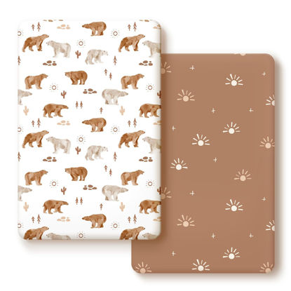 Picture of Stretchy Ultra Soft Jersey Knit Fitted Pack n Play Sheets Set 2 Pack, Portable/Mini Crib Sheets for Boys and Girls, Universal Snug Fitted for Pack N Plays, Stylish Playard Sheets of Sunny Bear Print