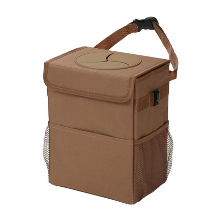 Picture of AOKJOY Car Garbage can with lid Leak Proof Vehicle Trash Can 3 Storage Pockets Hanging Waterproof car Trash Bag for SUV Brown