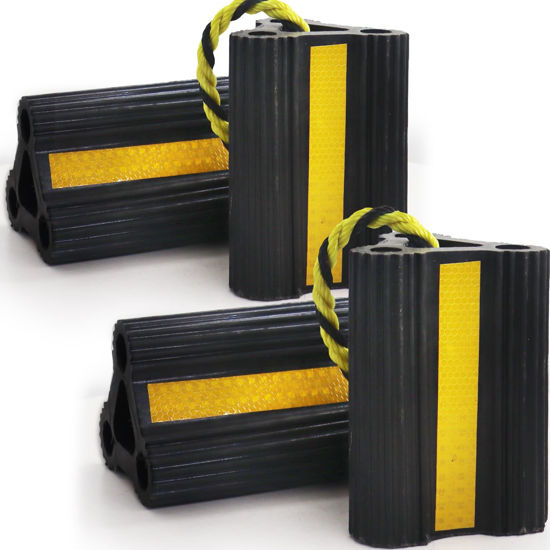 Picture of Wheel Chocks [2pair/4pack with Rope] for RV Trailer Camper Truck Car Aircraft, Versatile Heavy Duty Rubber Chocks Block Stopper for Tire with Reflective Strips, Utility Trailer Camper RV Accessories