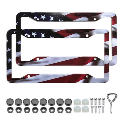 Picture of American Flag License Plate Frame Holder - 2 Pack Universal Aluminum Matte Stripe US Flag Gloss Patriotic Car Plate Frame Covers with Free Screws Fasteners Caps