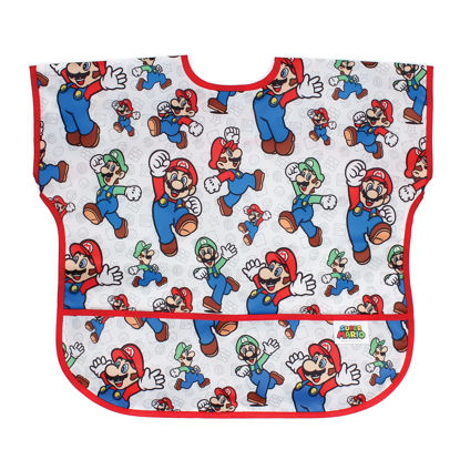 Picture of Bumkins Short Sleeve Bib for Girl or Boy, Toddler and Kids for 1-3 Years, Large Size, Essential Must Have for Junior Children, Eating, Mess Saving Soft Fabric Apron for Play, Nintendo Mario and Luigi