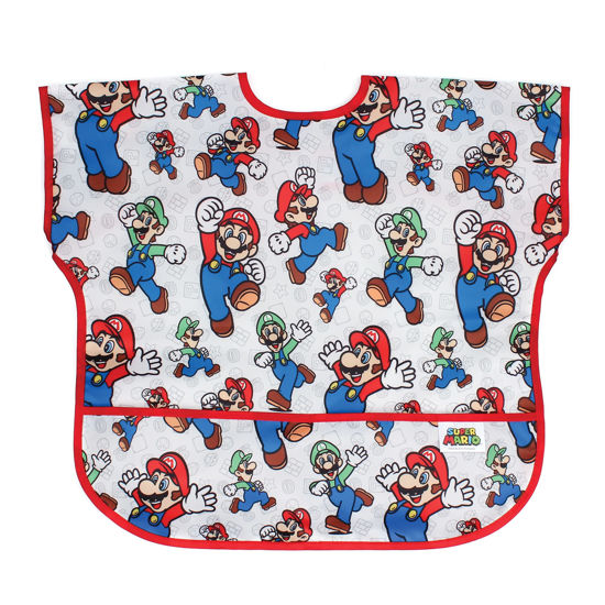 Picture of Bumkins Short Sleeve Bib for Girl or Boy, Toddler and Kids for 1-3 Years, Large Size, Essential Must Have for Junior Children, Eating, Mess Saving Soft Fabric Apron for Play, Nintendo Mario and Luigi