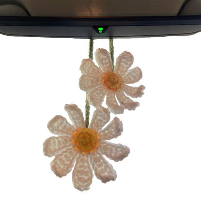 Picture of Crochet Hanging Daisy For Car Rear View Mirror Accessories | Cute Knitted Aethetic Décor Ornament For Women, Girl's Interior Car Rearview Decorations | Crochetted Boho Flower Charms (White Daisy)