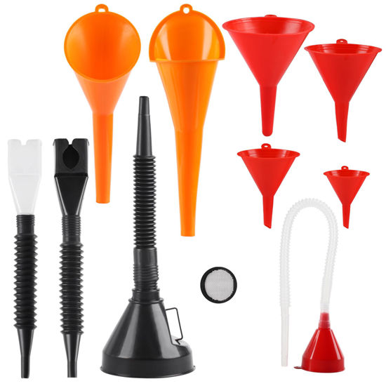 Picture of XhjzgcTech 10 Pcs Automotive Funnels Set, Plastic Long Neck Oil Funnels, Snap Funnel,Flexible Right Angle Funnels，Wide Mouth Fuel Funnels,Plastic Funnel for Filling coolant/Gasoline/Water/Engine Oil