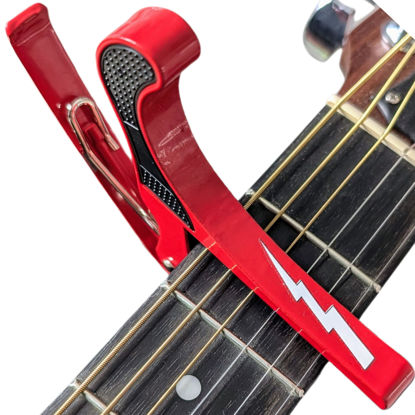 Picture of Guitar Capo for Acoustic and Electric Guitars - Guitar Accessory to Instantly Change Key & Chord - Quick Release, Spring Action Grabber - White Lightning Design