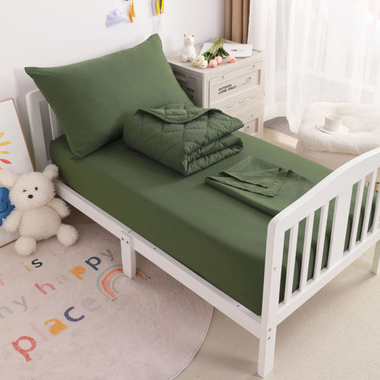 Picture of NTBAY Toddler Bedding Set - 4 Piece Soft and Breathable Crib Bedding Set for Boys and Girls, Includes Quilted Comforter, Fitted Sheet, Flat Top Sheet and Envelope Pillowcase, Olive Green