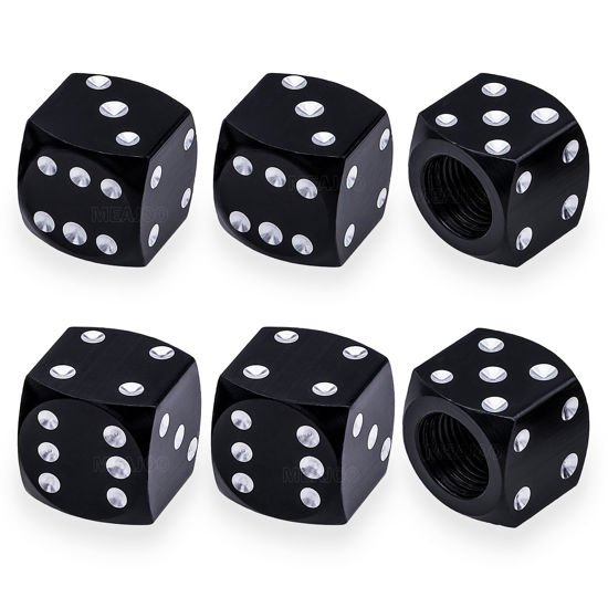 Picture of MEAJOO 6PCS Aluminum Dice Tire Valve Stem Caps, Universal Aluminium Alloy Dustproof Tire Valve Stem Covers for Cars, SUV, Trucks, Bikes, Motorcycles, Bicycles(Black)