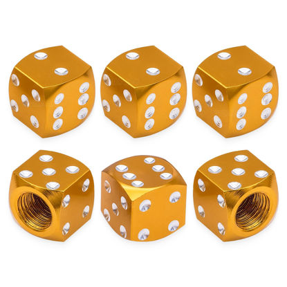 Picture of MEAJOO 6PCS Aluminum Dice Tire Valve Stem Caps, Universal Aluminium Alloy Dustproof Tire Valve Stem Covers for Cars, SUV, Trucks, Bikes, Motorcycles, Bicycles(Gold)