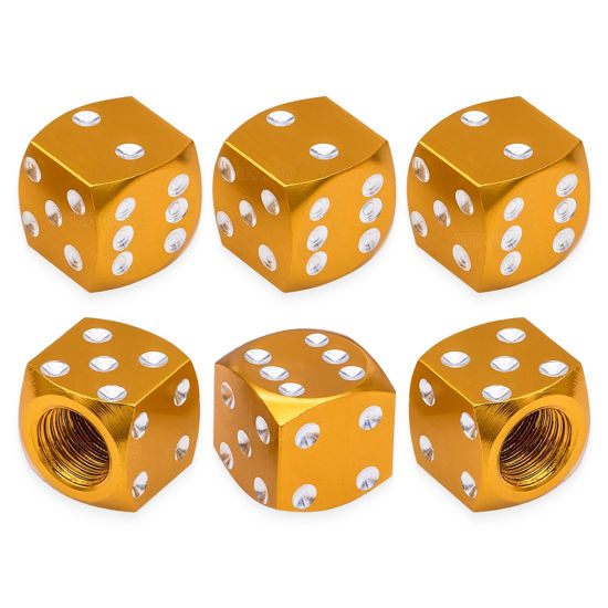 Picture of MEAJOO 6PCS Aluminum Dice Tire Valve Stem Caps, Universal Aluminium Alloy Dustproof Tire Valve Stem Covers for Cars, SUV, Trucks, Bikes, Motorcycles, Bicycles(Gold)
