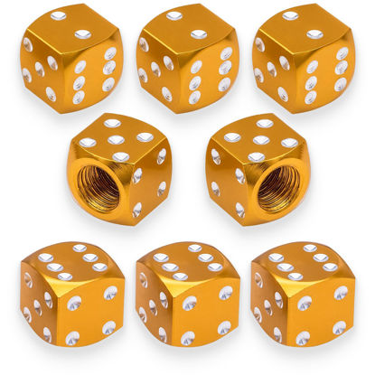 Picture of MEAJOO 8PCS Aluminum Dice Tire Valve Stem Caps, Universal Aluminium Alloy Dustproof Tire Valve Stem Covers for Cars, SUV, Trucks, Bikes, Motorcycles, Bicycles(Gold)