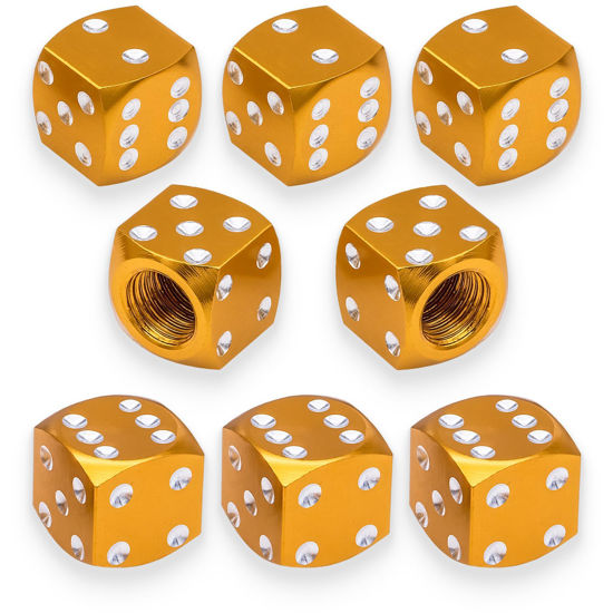 Picture of MEAJOO 8PCS Aluminum Dice Tire Valve Stem Caps, Universal Aluminium Alloy Dustproof Tire Valve Stem Covers for Cars, SUV, Trucks, Bikes, Motorcycles, Bicycles(Gold)