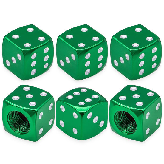 Picture of MEAJOO 6PCS Aluminum Dice Tire Valve Stem Caps, Universal Aluminium Alloy Dustproof Tire Valve Stem Covers for Cars, SUV, Trucks, Bikes, Motorcycles, Bicycles(Green)