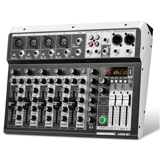 Picture of 6 Channel Audio Interface Sound Board Mixing Console 16-Bit DSP DJ Mixer Audio Reverb Effect +48V Phantom Bluetooth Studio Audio Mixer For Karaoke Studio Streaming Recording