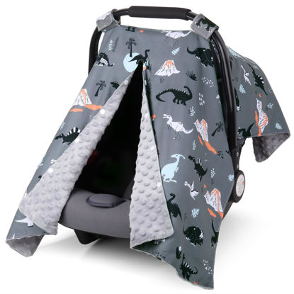 Picture of Rquite Car Seat Cover Baby, Carseat Covers Baby Boy, Minky Infant Car Seat Cover Winter, Peekaboo Opening Car Seat Canopy, Multi-use Baby Carrier, Stroller, Nursing Cover, Minky Blanket, Dinosaur