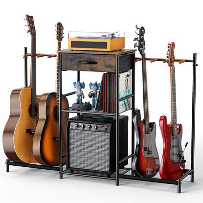 Picture of Guitar Stands Floor with 4 Guitar Holders, 3-Tier Guitar Stand Multiple Guitars, Guitar Rack with Amp Stand & Cloth Drawer, Multi Guitar Stand for Music Studio, Guitar Accessories gift for Music Lover