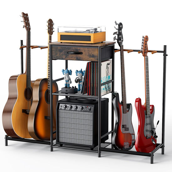 Picture of Guitar Stands Floor with 4 Guitar Holders, 3-Tier Guitar Stand Multiple Guitars, Guitar Rack with Amp Stand & Cloth Drawer, Multi Guitar Stand for Music Studio, Guitar Accessories gift for Music Lover