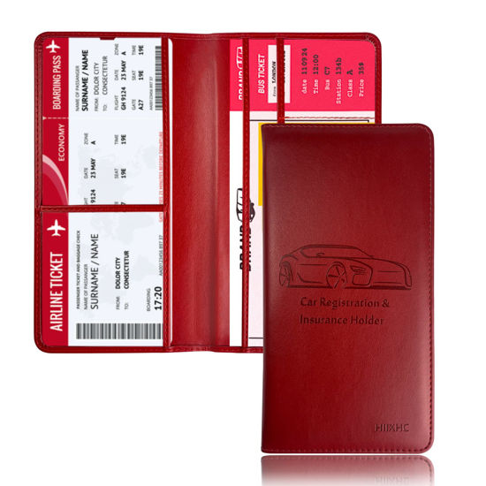 Picture of Car Registration and Insurance Card Holder - Leather Vehicle Glove Box Automobile Documents Paperwork Wallet Case Organizer for ID, Driver's License, Key Contact Information Cards