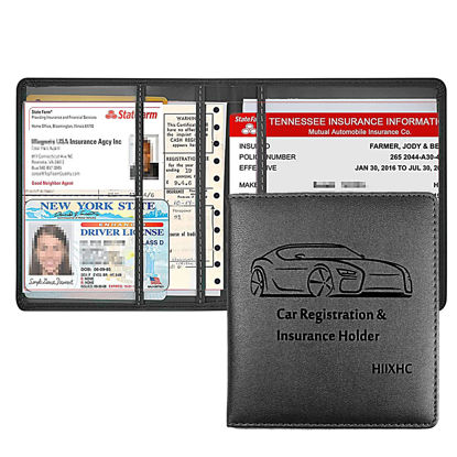 Picture of Car Registration and Insurance Holder, 5.5 x 5 Inch PU Leather Vehicle Glove Box Organizer Wallet Case Organizer for Insurance Card, Driver License, Essential Document, Paperwork