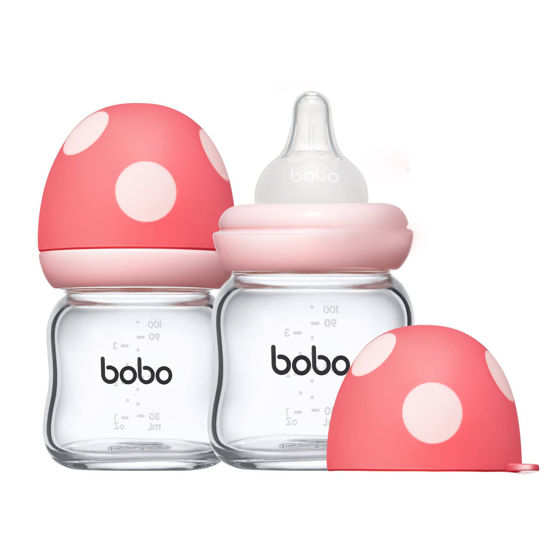 Picture of YOHKOH Natural Glass Baby Bottle with Natural Response Nipple, Newborn Anti-Colic Baby Bottles, Wide Neck Mushroom Cap Baby Bottle, Clear (3.4oz (Pack of 2), Red)