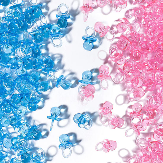 Picture of Mini Pacifiers for Baby Shower Game, 150 Plastic Pacifiers for Baby Shower Decoration, Cute Baby Shower Pacifiers, Gender Reveal Party Table Scatter/Hunt Baby Shower Game Props(75 Blue + 75 Pink)