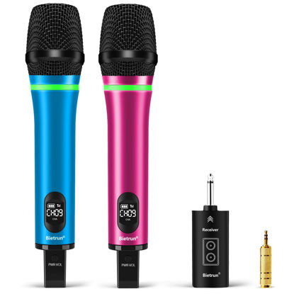 Picture of Bietrun Rechargeable Wireless Microphone, Dual Metal Cordless Handheld Dynamic Wireless Mics with Bluetooth, UHF 240FT Range, for 1/4'',1/8''Output,PA System,Dj,Mixer,Church(Blue＆Pink)