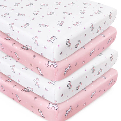 Picture of Crib Sheets Girl 4-Pack, Fitted Crib Sheets 52'' x 28'' for Standard Crib & Toddler Mattress, Soft and Breathable Material, Baby Girl Crib Sheets Neutral, Pink